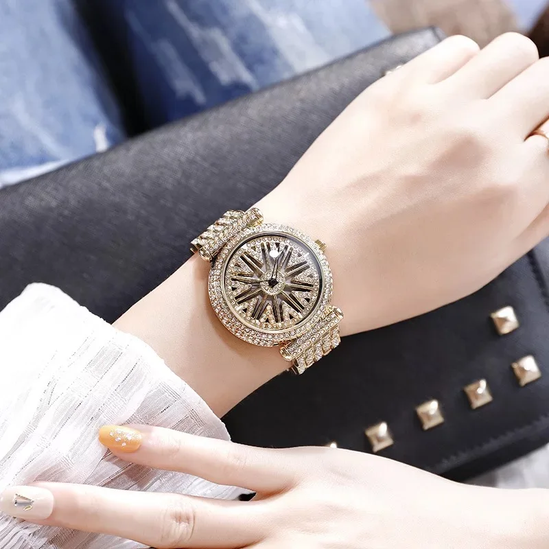 Relojes de rotación de marca superior para mujer, reloj hueco de diamantes de lujo, pulsera impermeable de moda, reloj de pulsera para mujer con