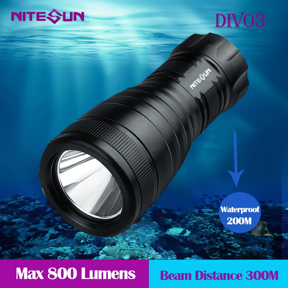 

Handheld Diving Flashlight NITESUN DIV03 Max 800 lumens underwater 200m waterproof Diving Light by 3*AA batteries