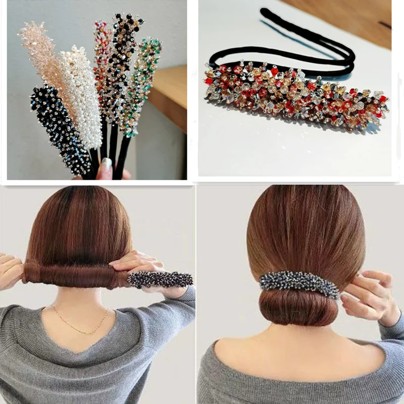 Pearl Head Hair Dryer Women Flower Donut Bun Maker Big Crytal Ribbon Diy Hair Style Making Tools Hair Accessories