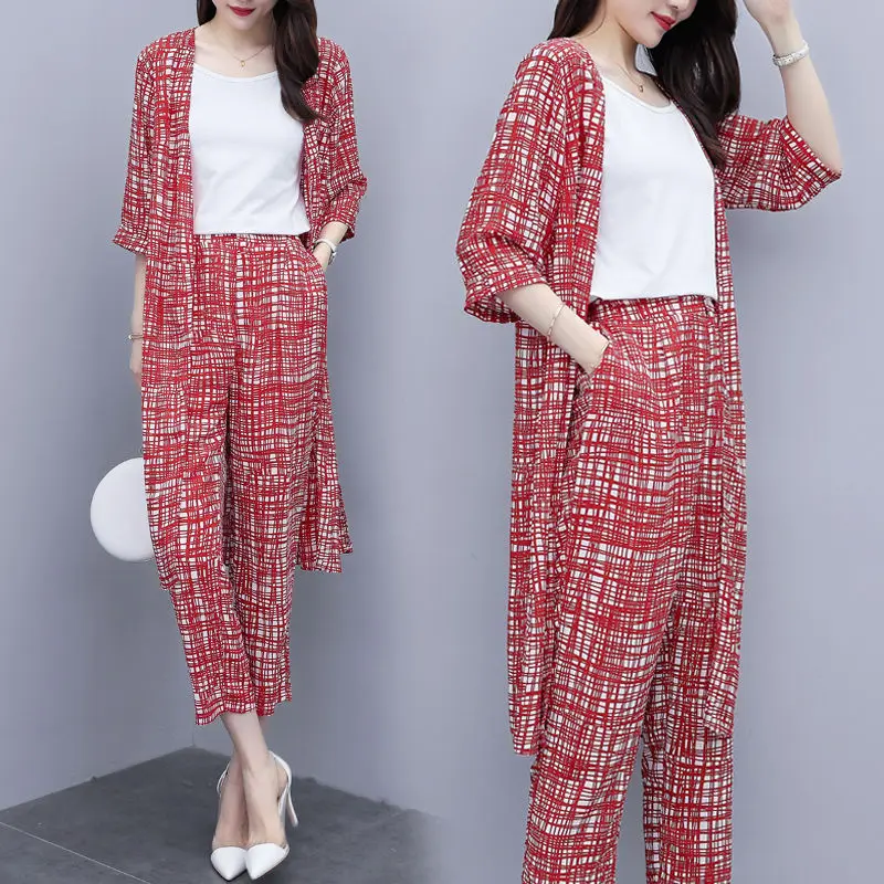 2024 Summer New \\Women Korean Fashion 3 Pcs Set White Base Top /cardigan Shirt + Nine-point Pants Three-piece Suits M-4XL Y668