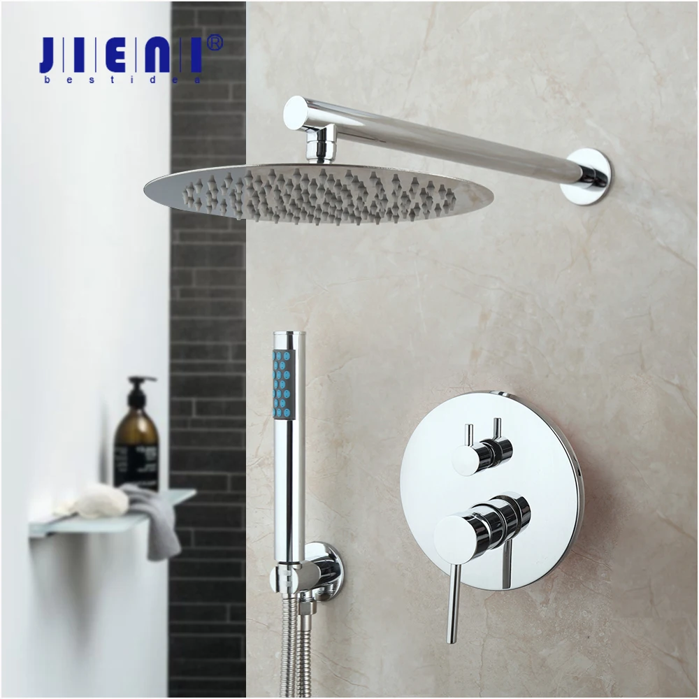 

JIENI Chrome Polish Rainfall Shower Faucet Set Wall Mount Handle Shower Mixer Tap Square Handshower Embedded box Bathtub Shower