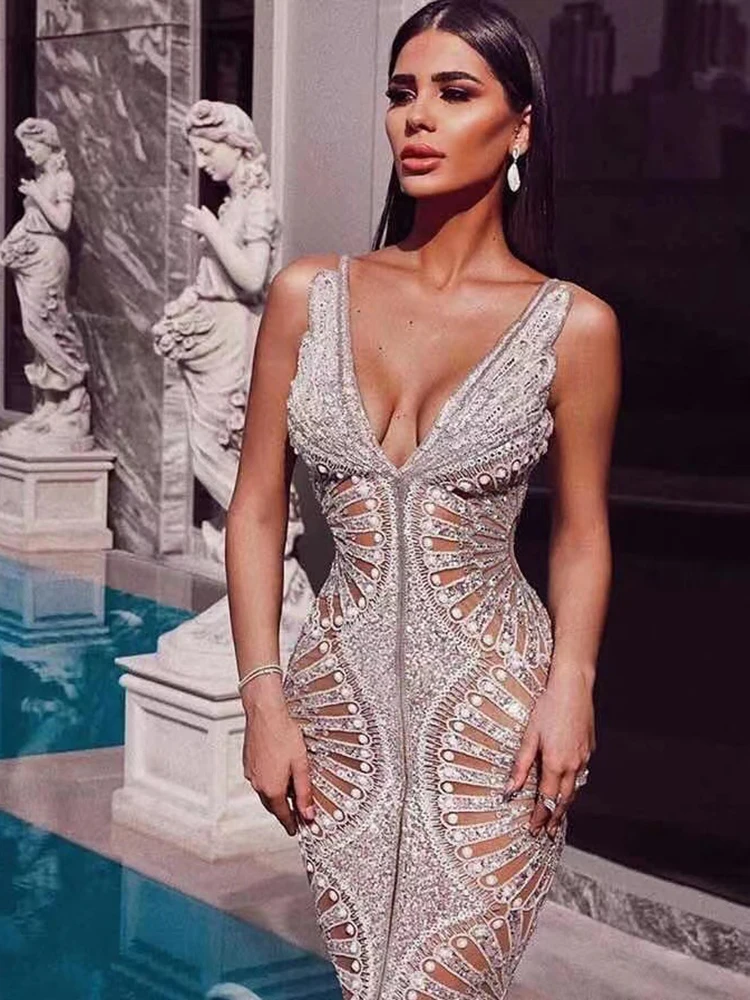 VC-Long Slip Dress with Silver Sequins, Ruffles Design, Sexy V Neck, Backless, Celebrity Party, Club Maxi, Chic