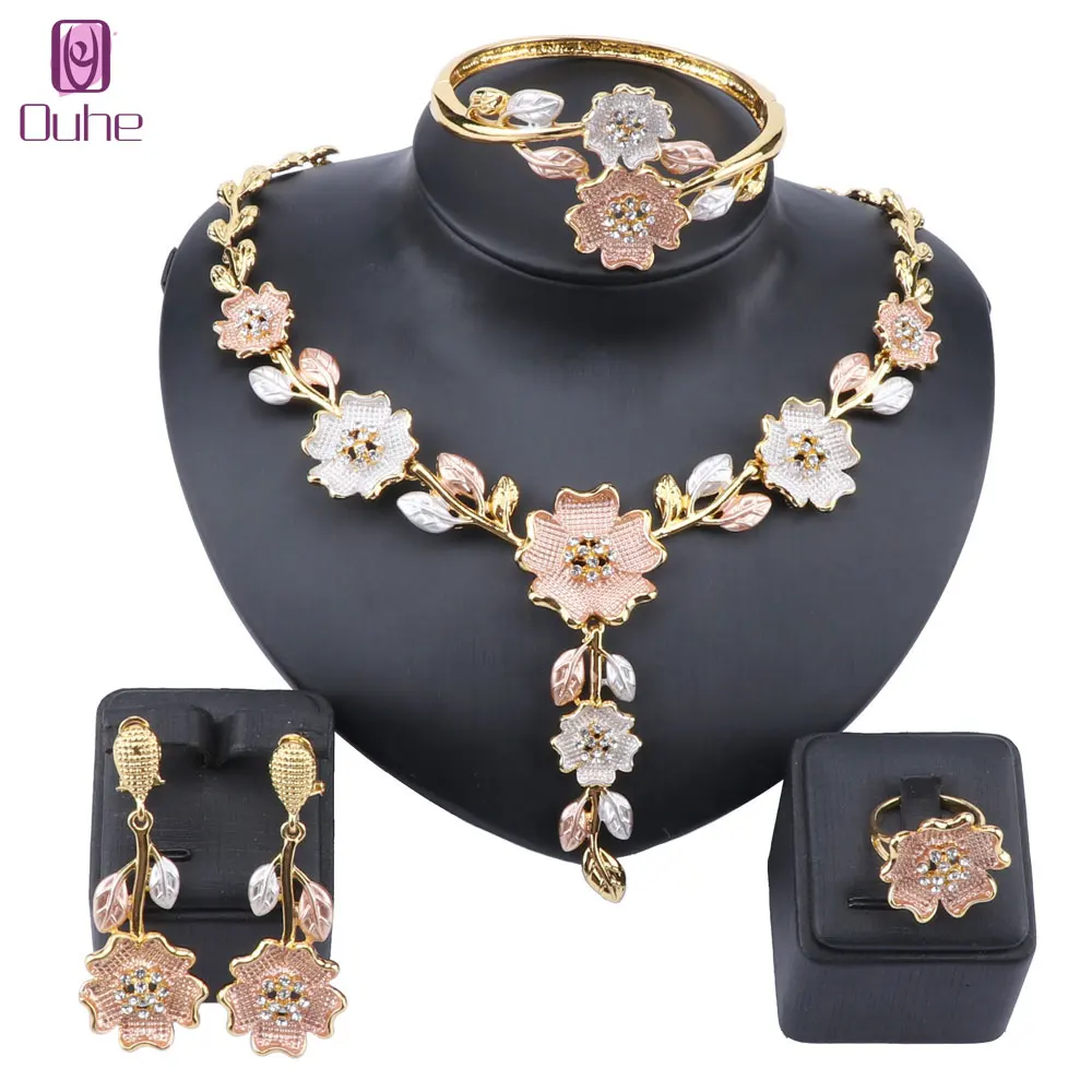 Women African Beads Jewelry Sets Flower Crystal Necklace Earring Ring Bangle Statement Wedding Accessories Jewelries Set