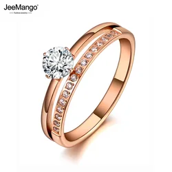 JeeMango Sparkling Design Titanium Stainless Steel Wedding Ring Rose Gold Color Mosaic CZ Crystal Party Ring For Women JR19155