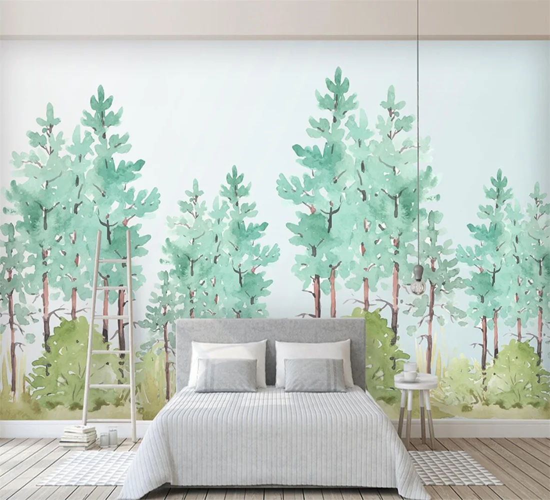 wall papers home decor Nordic modern hand painted watercolor forest green leaf woods background wall mural 3d wallpaper