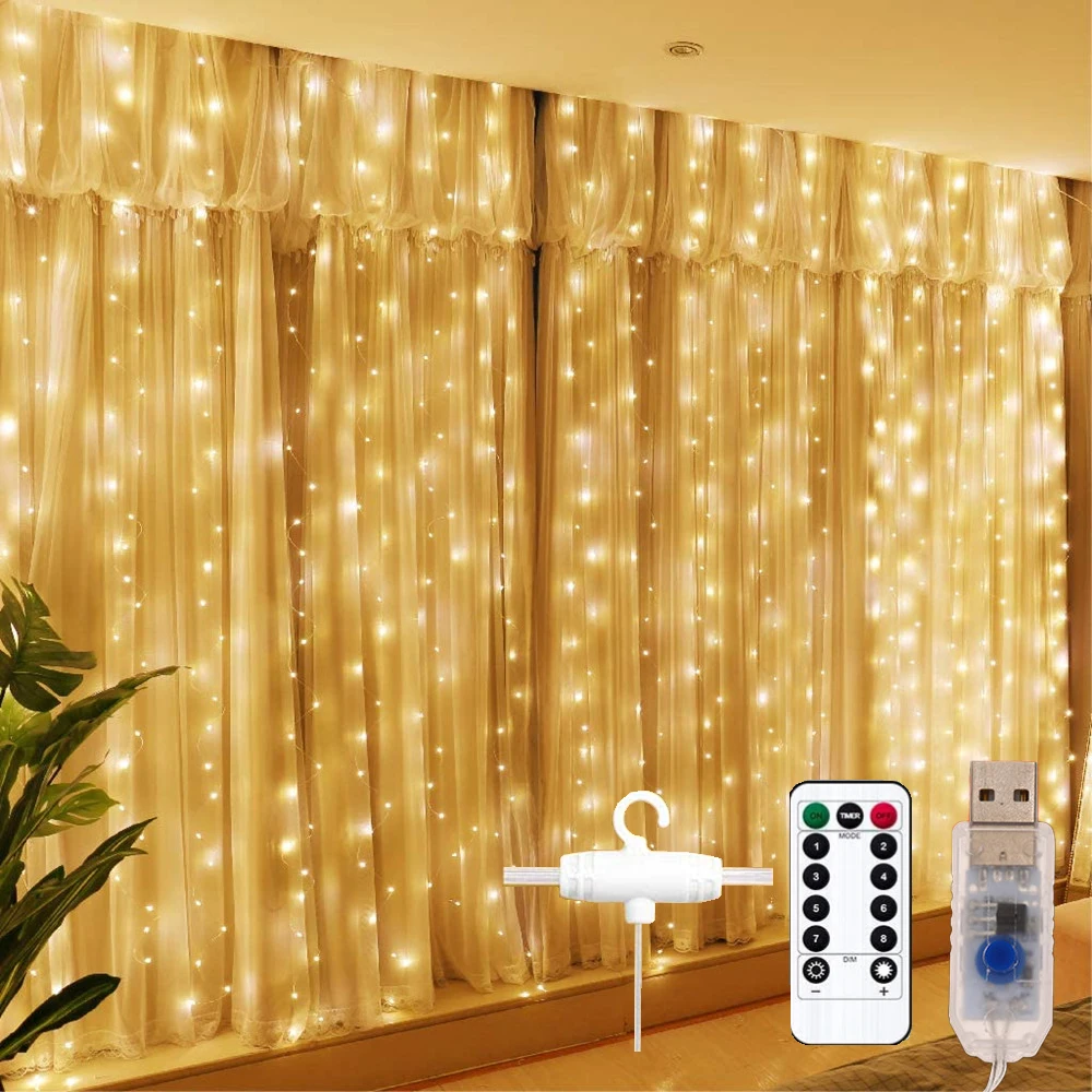 Cortinas decorativas para decoración navideña, guirnalda de luz Led de 3M x 3M, funciona con USB para sala de estar, decoración de Año Nuevo