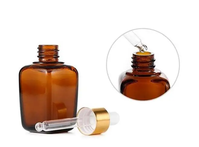 Amber Glass Essential Oil Bottle e Liquid Square Dropper Bottles 10ml 20ml 30ml Multiple Type Caps