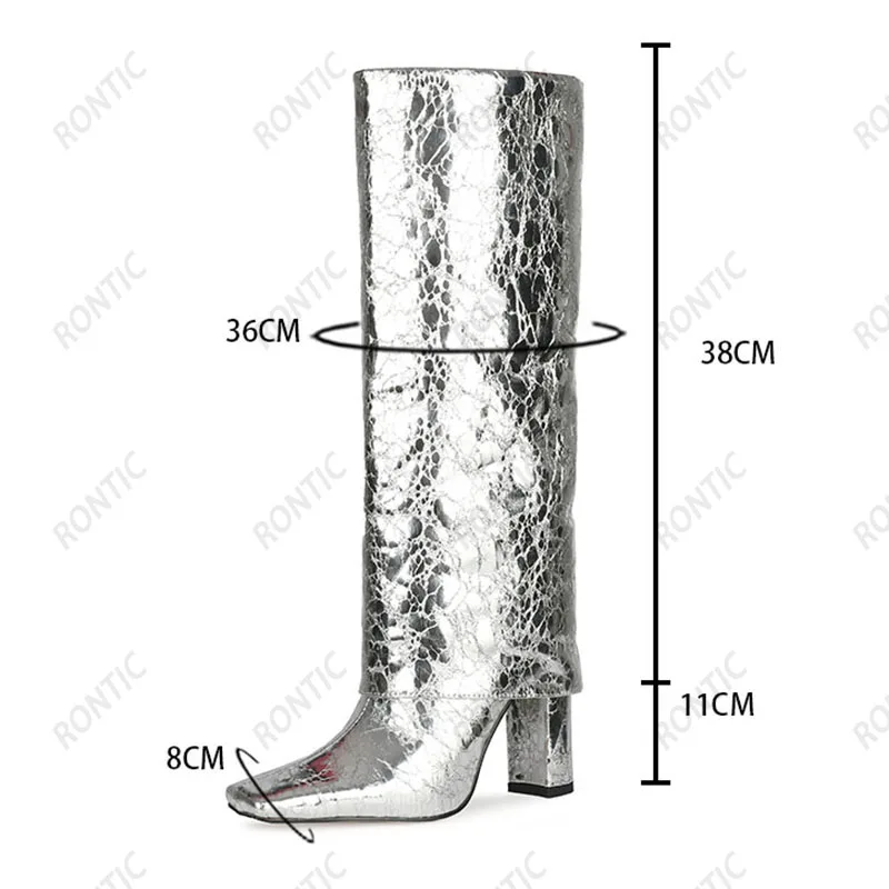 Rontic New Fashion Women Winter Knee Boots Crack Pattern Chunky Heels Square Toe Gorgeous Gold Silver Party Shoes US Size 5-15