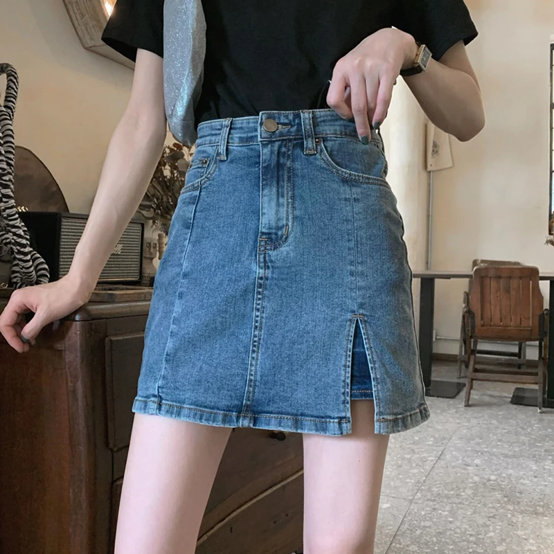 2022 Summer Sexy Women Denim Mini Skirt Fashion Summer High Waist Korean Package Hip Jeans  A Word Thin Split Fork Of Tall Waist