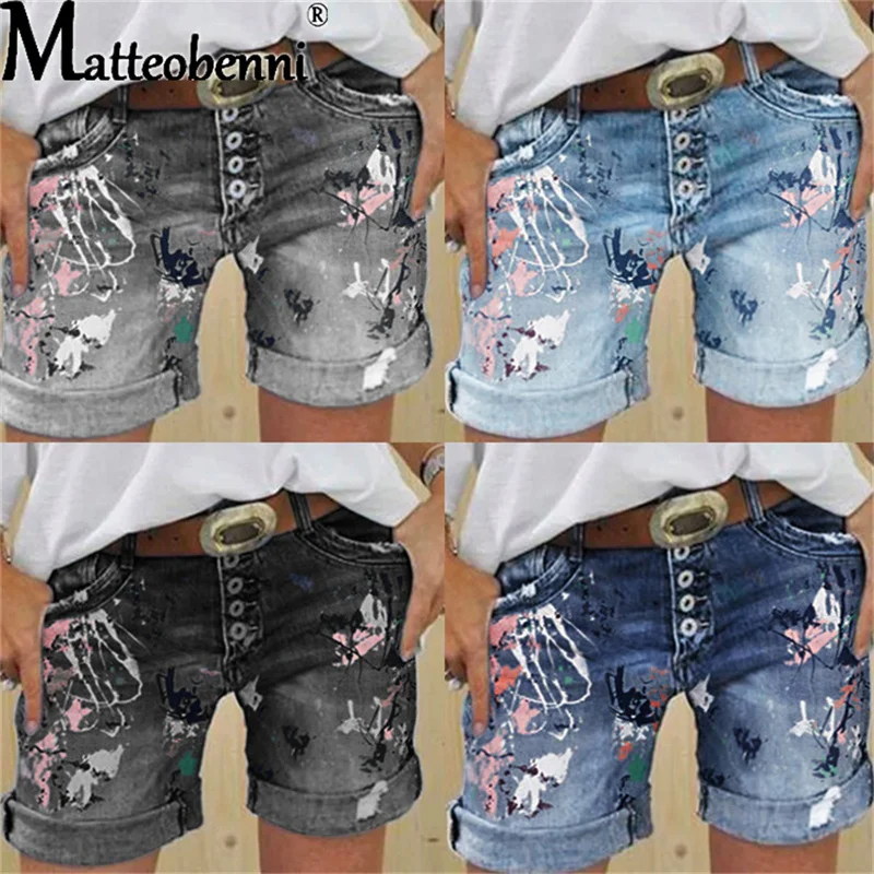 2025 weibliche Casual Böden Harajuku Vintage Streetwear Sommer Neue Tasten Frauen Denim Shorts Gewaschen Blume Drucken Jeans – Detail 2