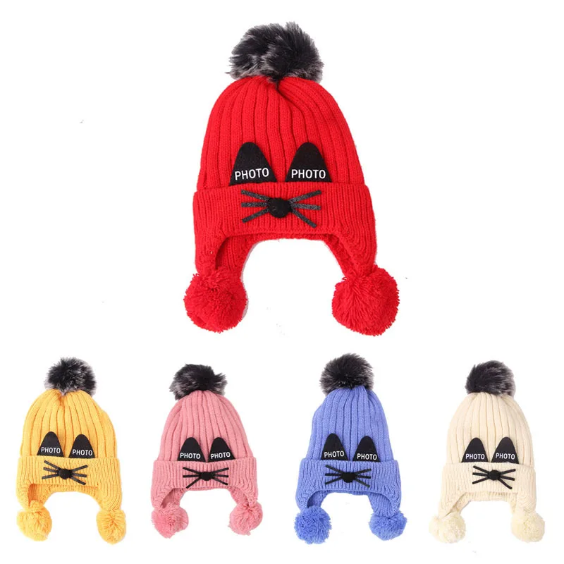 

Winter Plush Children's Knitted Hat Cartoon Cat Eras Face Hair Ball and Double Drop Balls Caps for Boys and Girl Wool Hat