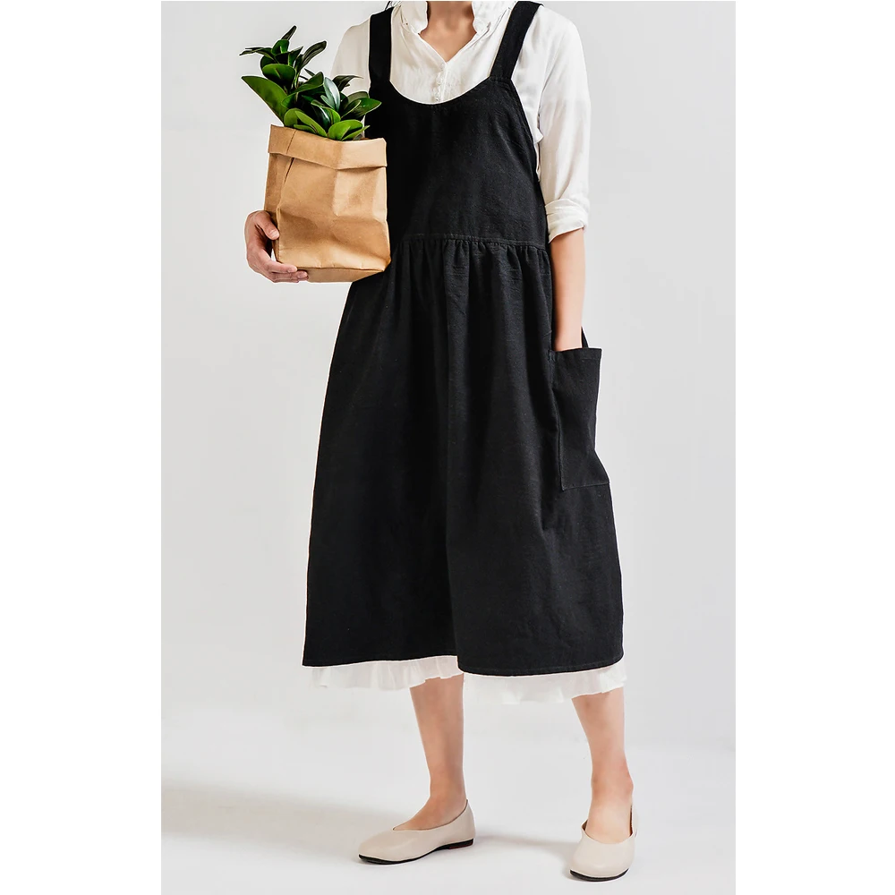 Women Lady Kitchen Apron Dress Cotton Linen Pinafore Square Cross Apron Cooking Garden Work Pinafore Dress Plus