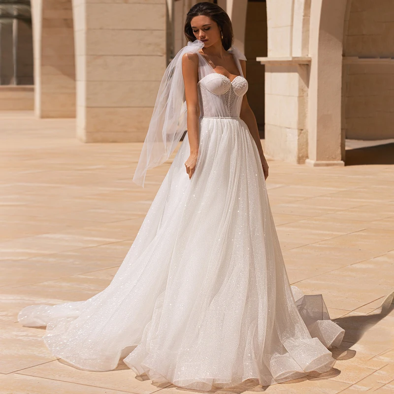 

Sweetheart Straps Beads Pearls Sashes Glitter A-Line Tulle Wedding Dress 2022 Robe Mariage