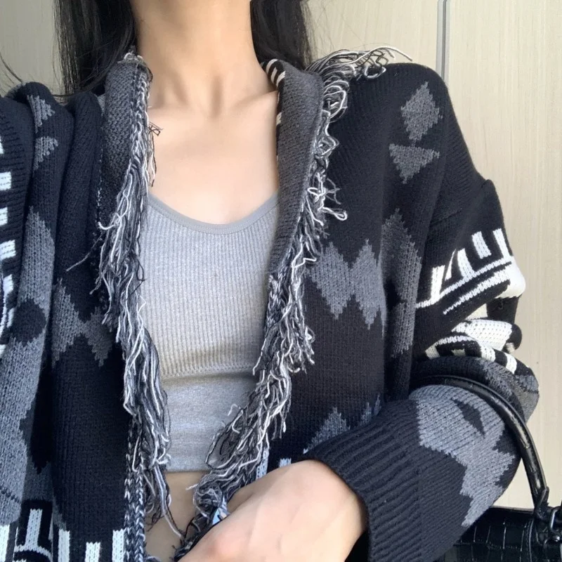 Women Harajuku Geometric Jacquard Sweater Cardigan BF Loose Tassels Knitted Coat Casual Streetwear Top Knitwear Ladies Cardigans