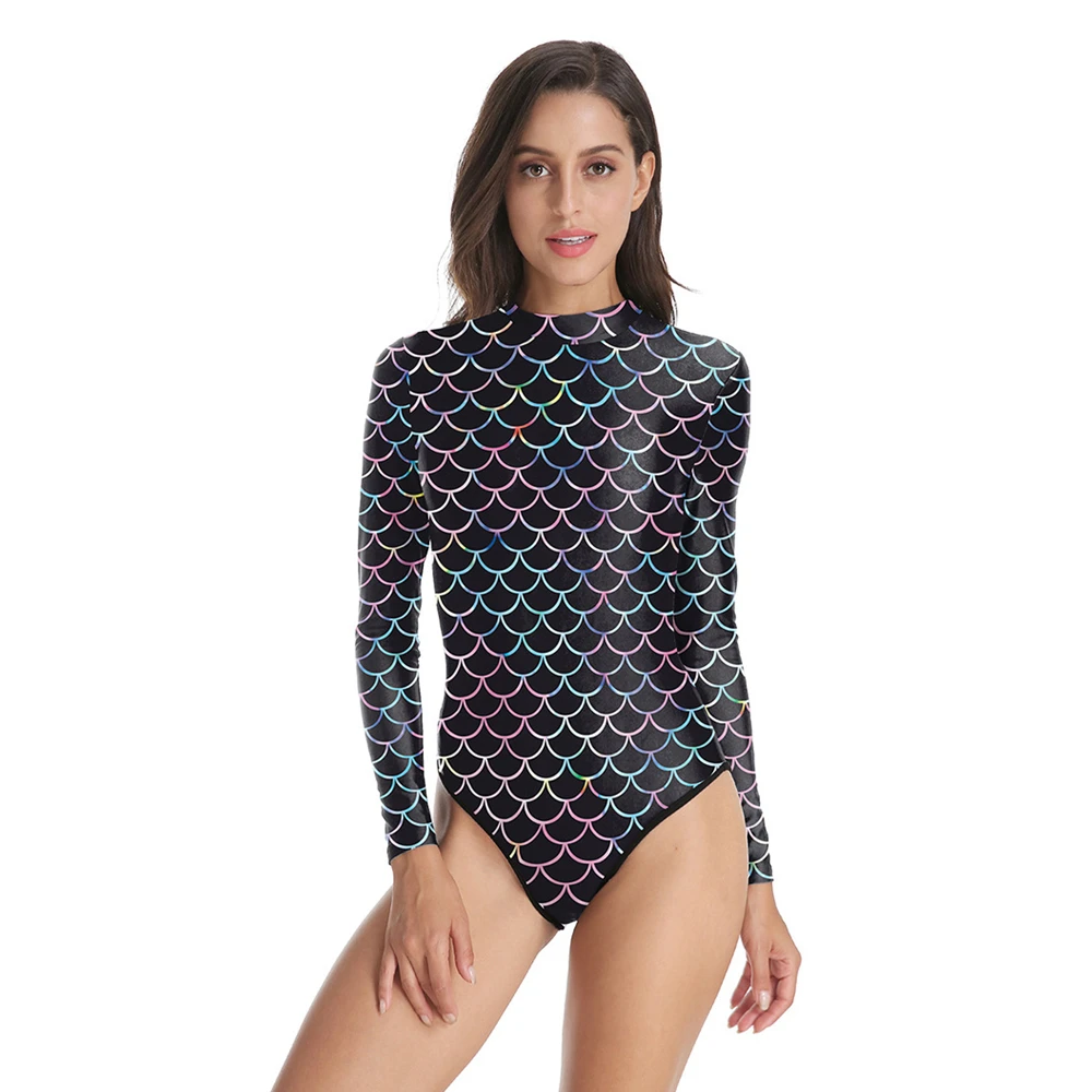 

Women One Piece Swimsuit Long Sleeve Swimwear Scale Printed Playsuit Quick Dry Surfing Bodysuit O-Neck Jumpsuit Beachwear Female