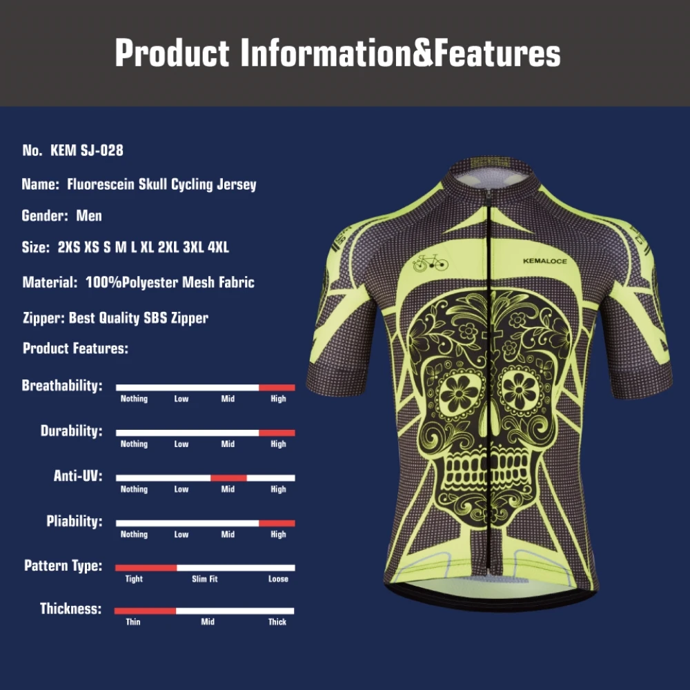 KEMALOCE Cycling Jersey Wear Yellow Bright Skeleton China Short Sleeve Bicycle Shirts Clothing Crane Summer Men Bike Shirts