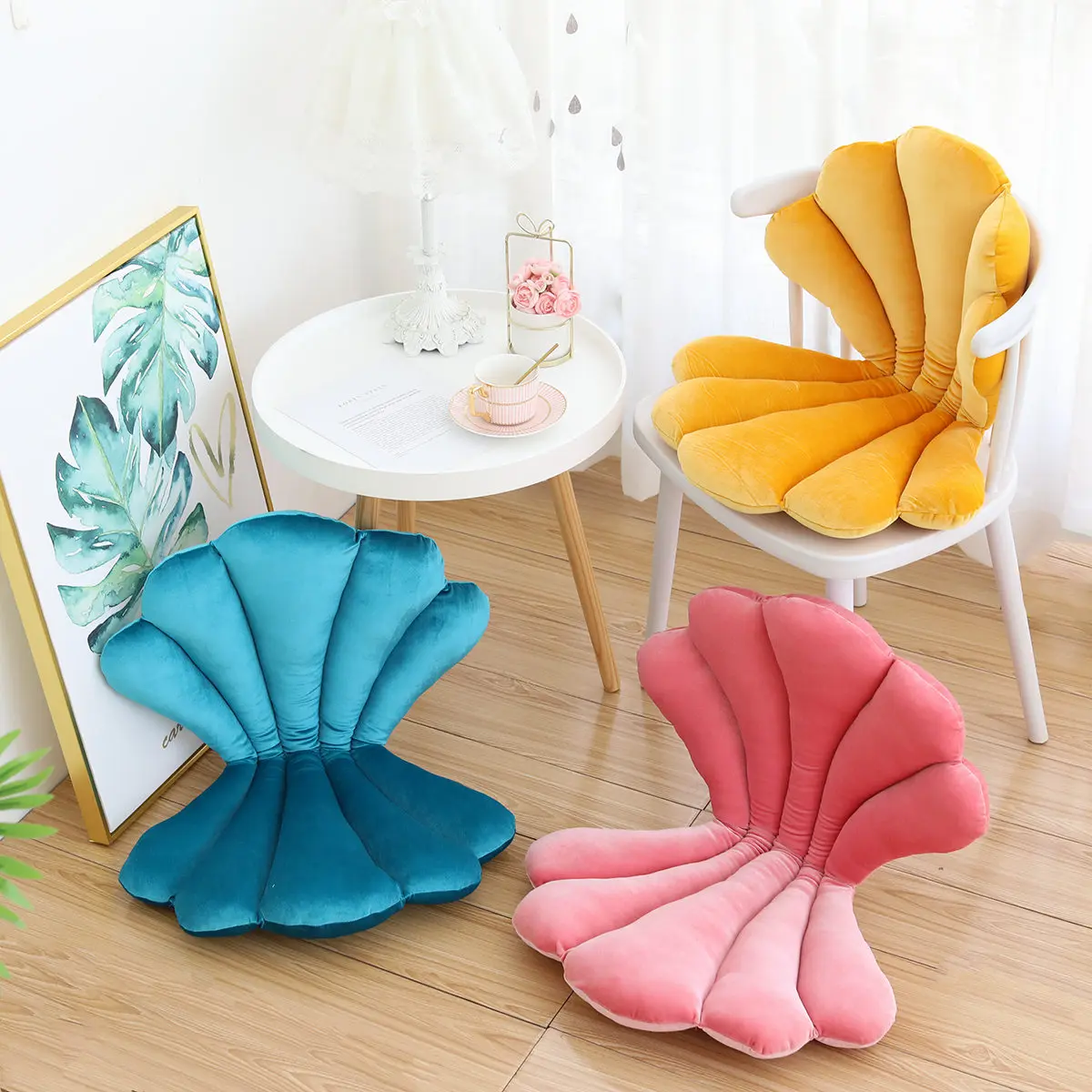 

Luxury Velvet Shell stuffed Chair Seat Cushion Art style Shell Back Cushion Blue Rose Princess Sea shell Home Pillow Decor