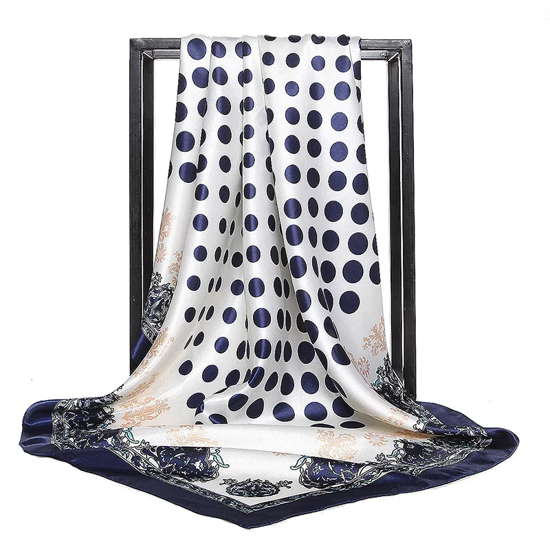 

Spring New Lmitation Silk Scarf Female Blue And White Porcelain Wave Dot Blue 90CM Square Scarf Satin Silk Scarf Customization