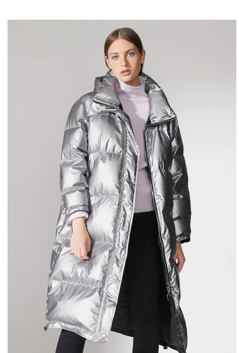 Winter glänzend helle silber dicker warme ente unten mäntel weibliche Oversize parkas über die knie lange mit kapuze Unten jacken warme mantel