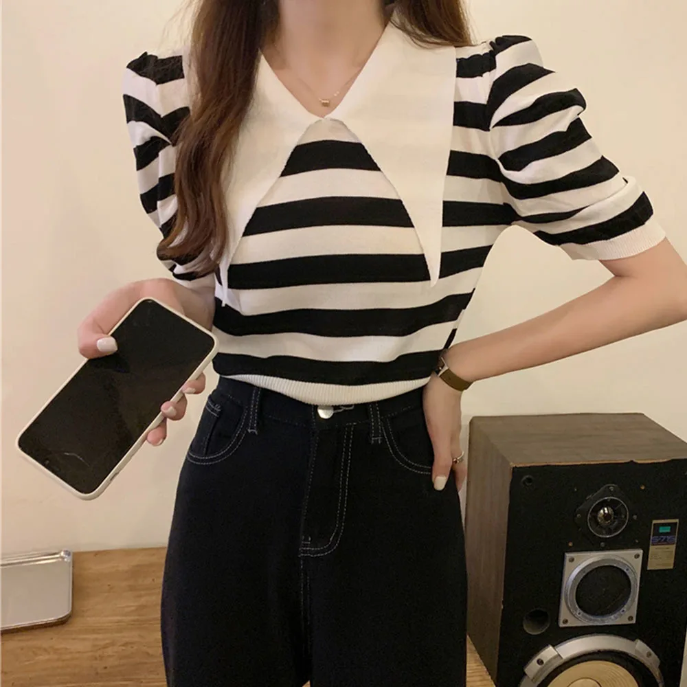 2022 Korean Summer Vintage Women Slim T-Shirts Turn-Down Collar Puff Sleeve Tees Casual Knit Stripes Tees Tops