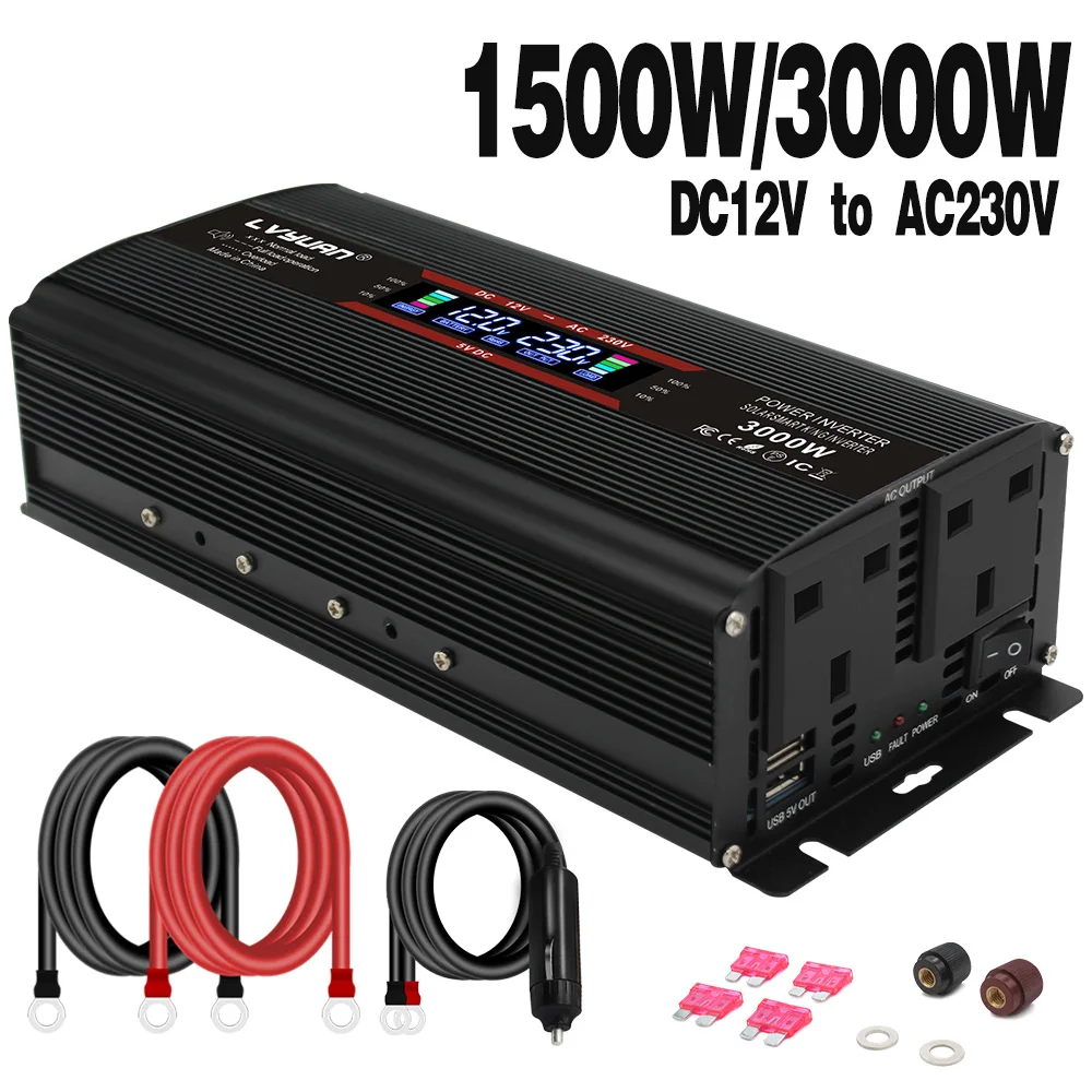 1500w/3000w LCD Voltage Display Solar Converter Multi-specification Socket Inverter External Fuse DC 12V/24V To AC 220V 230V