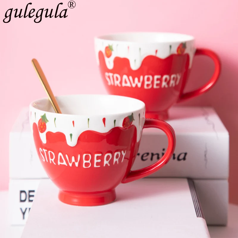 

Strawberry Ceramic Mug Milk Cup Coffee Cup Tea Afternoon Tea Cup With Lid Spoon Household Water Cup Oatmeal Breakfast Cup