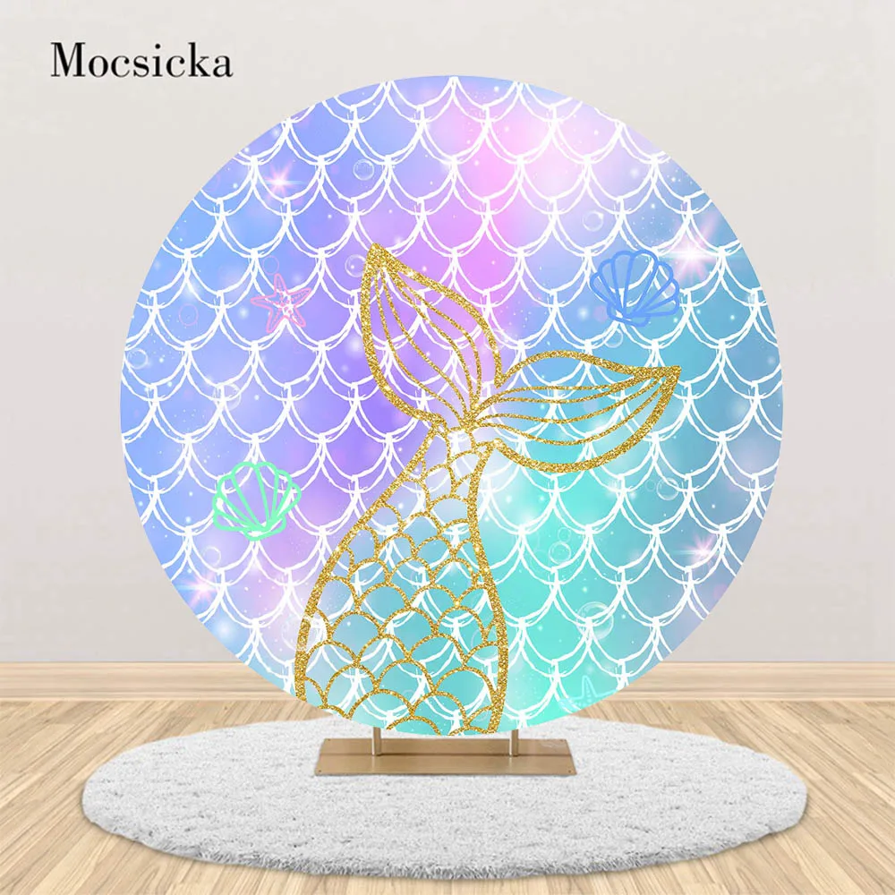 

Mocsicka Glitter Mermaid Round Backdrop Covers Child Girls Birthday Party Circle Background Photography Gold Tail Undersea World