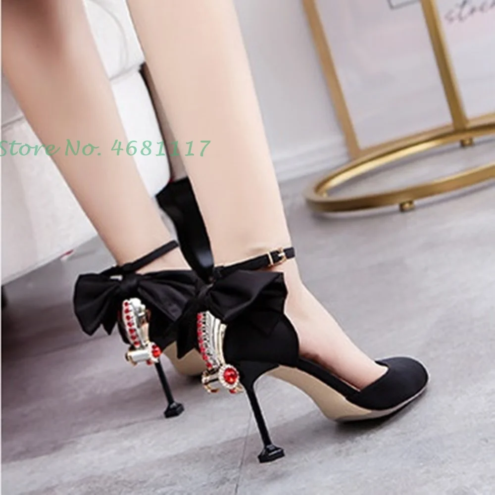 

Rhinestone Butterfly Knot Heeled Sandals Buckle Strap Pointed Toe Bow Leather Women Lovely Shoes Stiletto Heels Casual Fashion