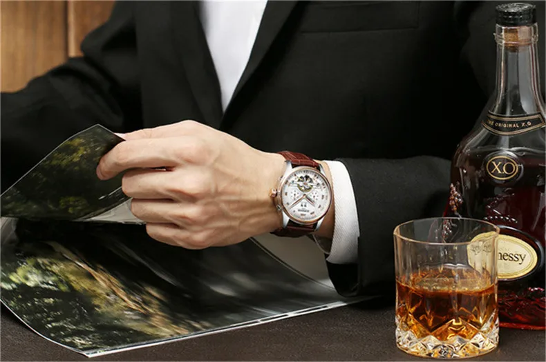 KINYUED Tourbillon Männer Uhren Mode-Business Automatische Mechanische Uhr Männer Casual Leder Wasserdichte Uhr Relogio Masculino – Detail 6