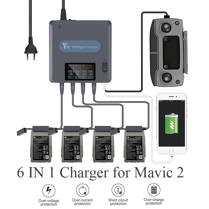 6 in 1 Battery Charger for DJI Mavic 2 Pro Zoom Drone Remote Controller 4 Batteries Fast Charging Hub Discharger LCD Display USB