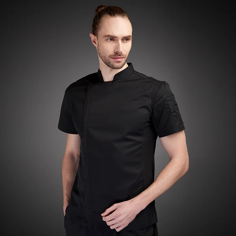 Verão chef traje cozinheiro jaqueta masculino camisa preta do chef restaurante uniforme barber shop workwear macacão