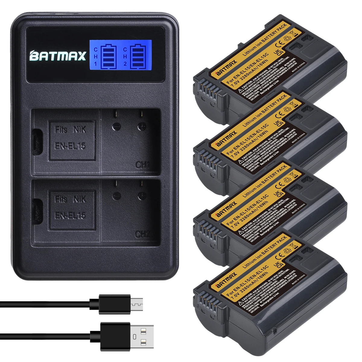 Batmax 2280mAh EN-EL15C EN EL15 Battery+LCD Dual USB Charger for Nikon Z5, Z6,Z6 II,Z7, Z7II, Z8 D600 D610 D600E D800 D800E D810