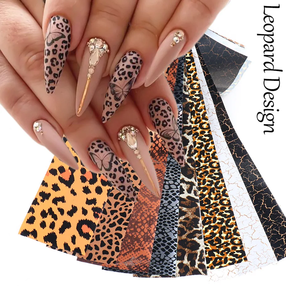 10pcs Leopard Print Nail Transfer Foil Stickers Sexy Tiger Snake Skin Spot Line Slider Gel Polished New Year Manicure NL2023-1