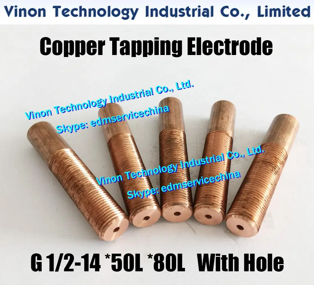 (5PC/Lot) G1/2-14*50L*80Lmm Copper Tapping Electrode with hole (thread length 50mm) edm threaded electrode copper BSP1/2