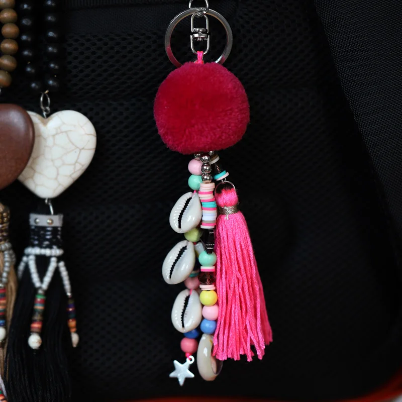 Fashion Jewelry Keychain Women Bag Decoration Accessories Bohemian Car Pendant Shell Tassel Pompom Beaded Key chains