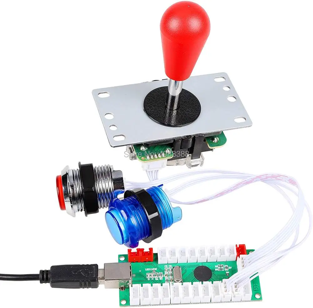Novas joysticks 2 jogadores jogos de arcade kit diy peças 2 alças de joystick ovais elipse + 20 botões de arcade iluminados por led (kit vermelho e azul)