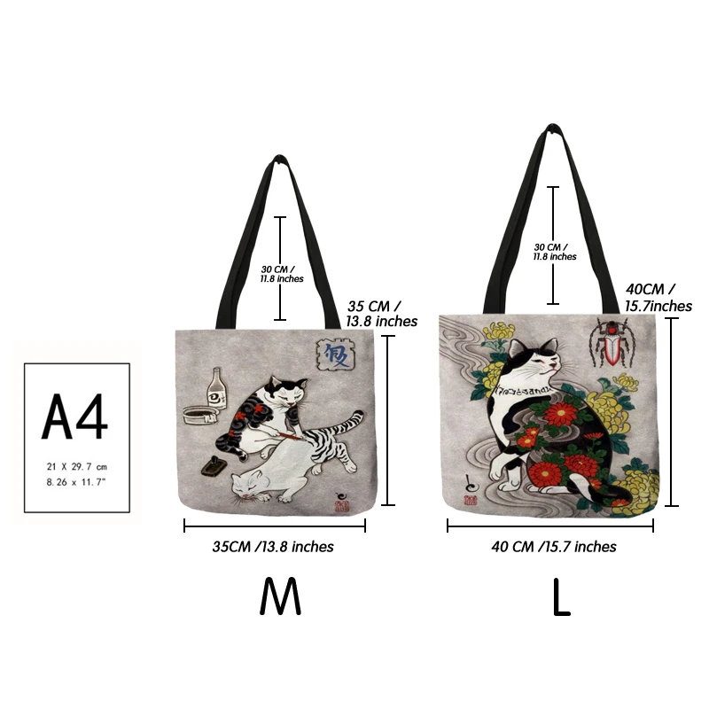 Japanese Custom Cat Print Women Shopping Bag Ladies Causal Shoulder Bag Large Capacity Grocery Supermarket Totes