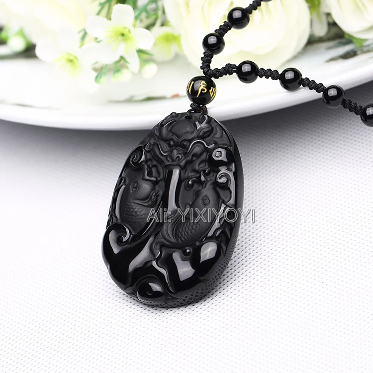 DropShip Natural Black Obsidian Carved Chinese Fish Dragon Lucky Pendant Amulet Beads Necklace Charm Trendy Fashion Jewelry
