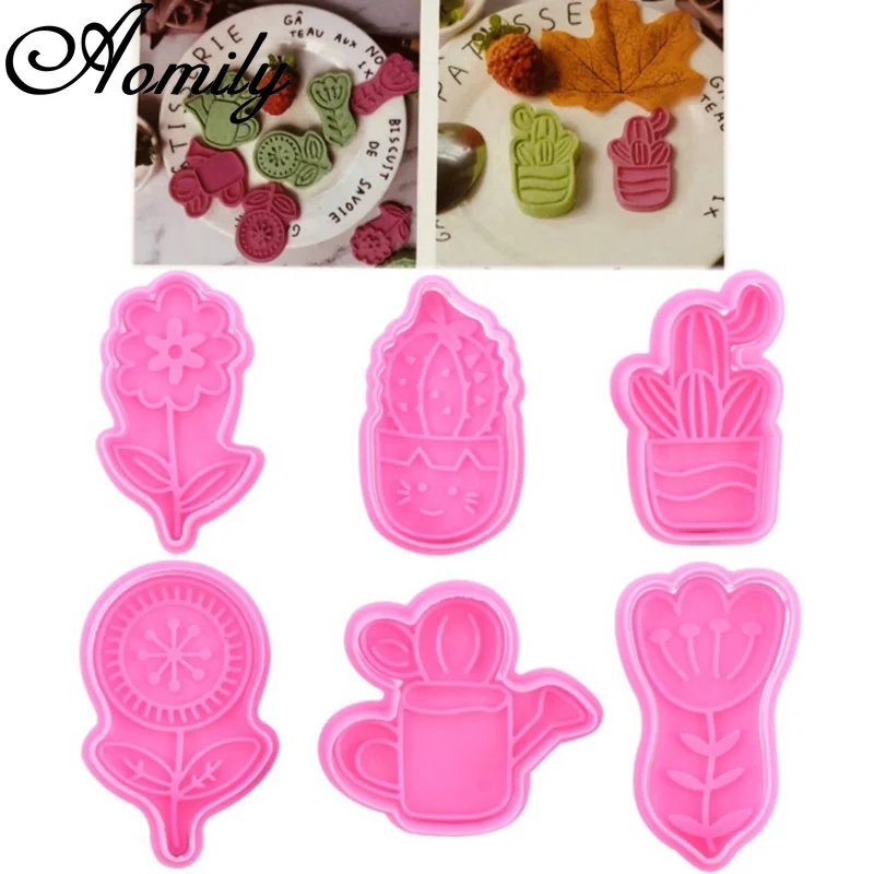 Aomily 6pcs Cake Mold Kawaii Cactus Biscuit Embossing Mold Chocolate Candy Fondant Bakeware Mold DIY Baking Tools for Cakes