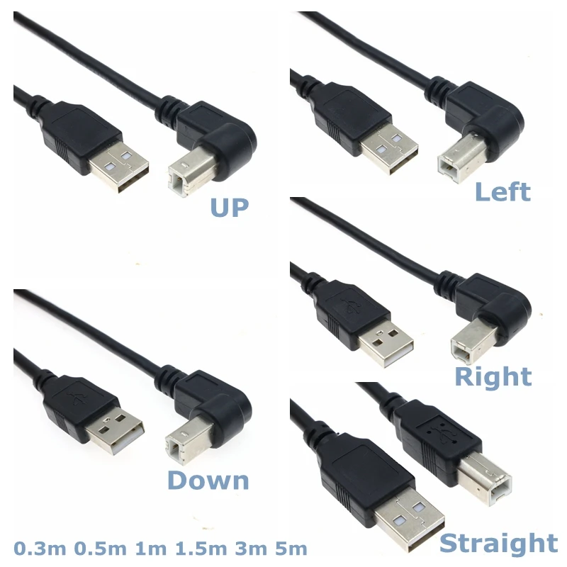 USB 2.0 A ถึง B ประเภทชาย90องศา UP, Down,ซ้ายและขวามุมสำหรับ Canon Epson HP ZJiang เครื่องพิมพ์ DAC