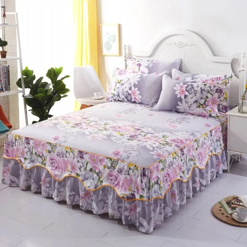 Cama antipolvo para las cuatro estaciones con Funda de colchón con falda de cama con estampado floral, tamaño grande/King-size 200x220cm, sin funda de almohada.