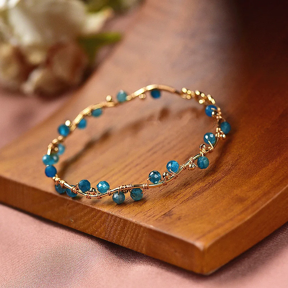 Natural Stone Blue Tanzanite Faceted Bead 14K Gold Filled Bracelet For Women Opening Bangle Vintage Handmade Bohemia Jewelry