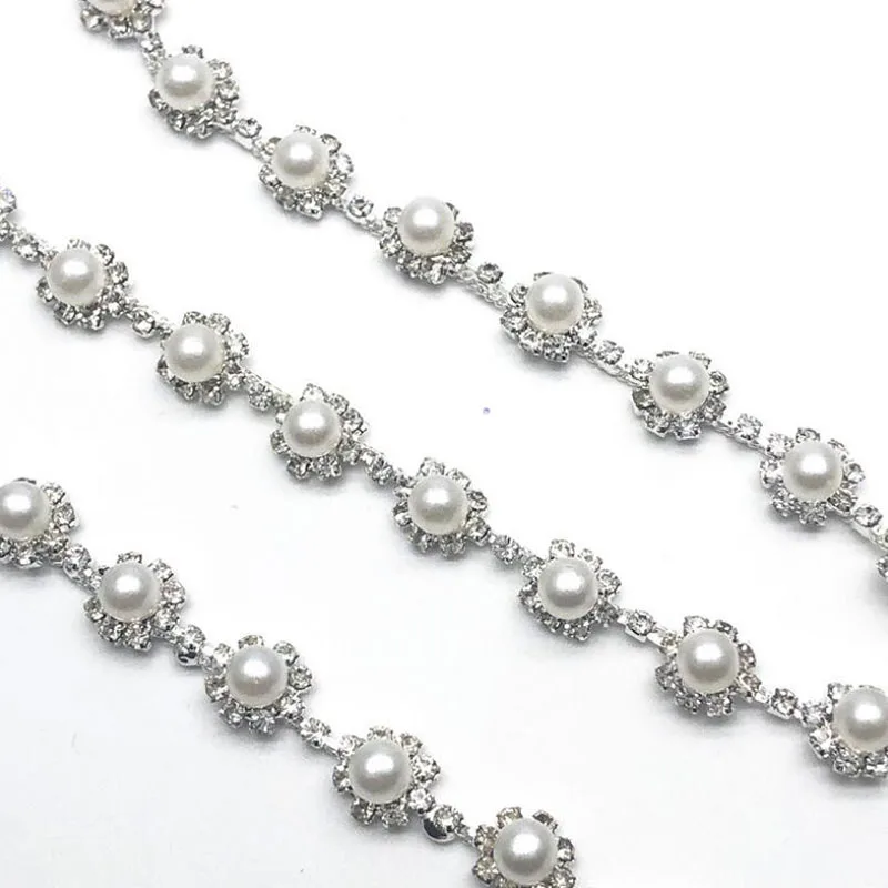 

10Yds Pearls Crystal Silver Rhinestone Trim Applique Fashion Chain Embellishment Trimming for DIY Crafts