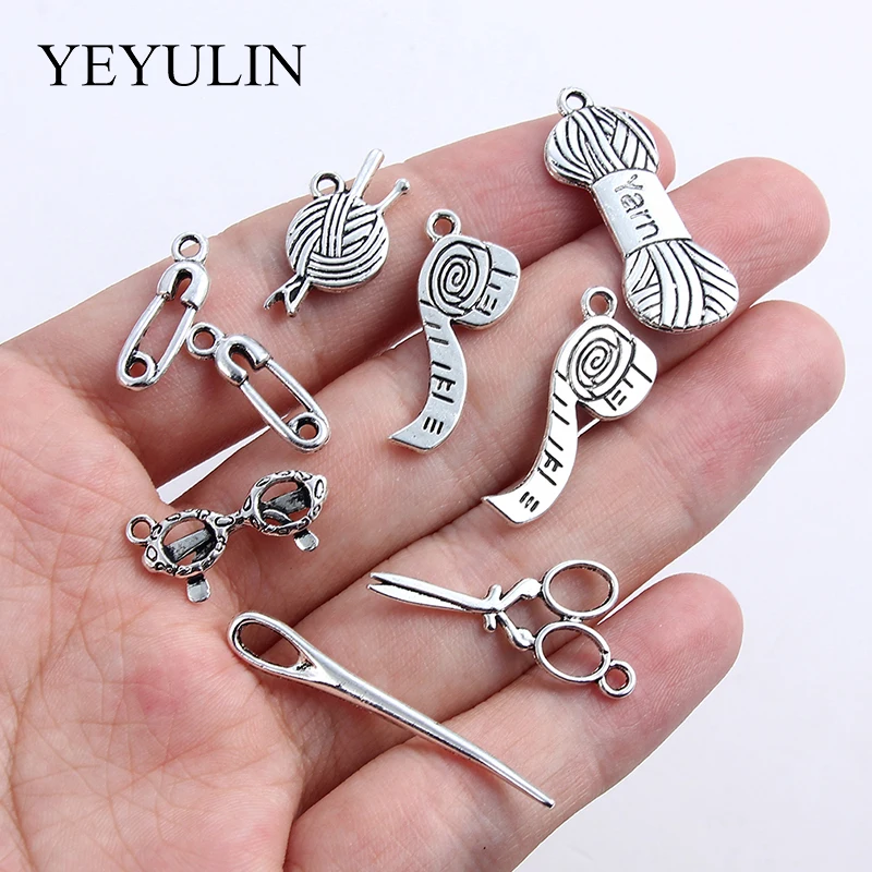 Mix Jewelry Diy 20pcs Tibetan Silver Charms Knitting Yarn Ball Wool Ruller Needle Pendants For Necklace Bracelet Key Ring Making