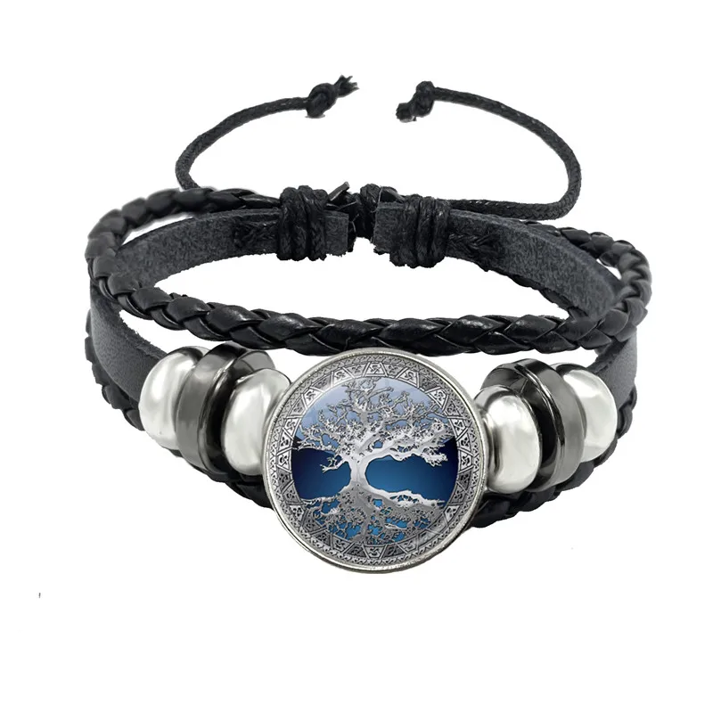 Life Tree Art Handmade Bracelet Glass Cabochon Dome Jewelry Fashion Multilayer Weave Black Leather Bracelet & Bangle Gift