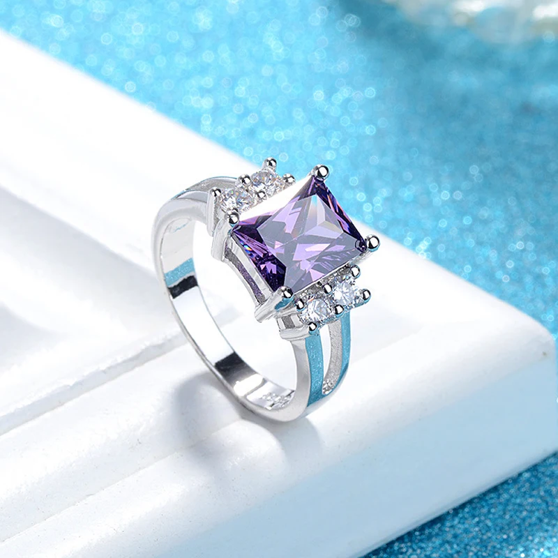 Fashion Rings 925 Silver Jewelry Rectangle Amethyst Zircon Gemstone Finger Ring for Women Wedding Engagement Party Ornaments