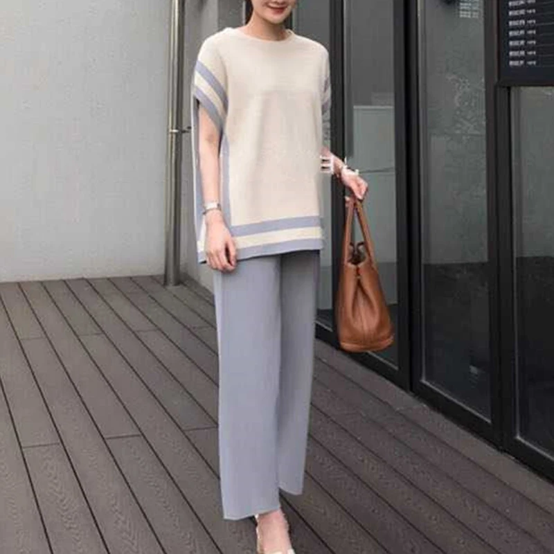 2024 New Women Sweater Pants Set Tracksuit Summer O Neck Hit Color Striped Knitted Thin Loose Pullovers + Wide Leg Trouser Suits