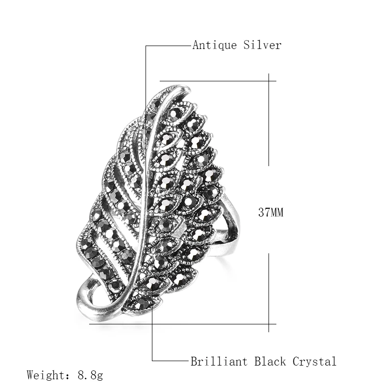 Wbmqda Vintage Leaf Shaped Black Stones Long Big Rings Tibetan Silver Wedding Ring For Women Fashion Jewelry