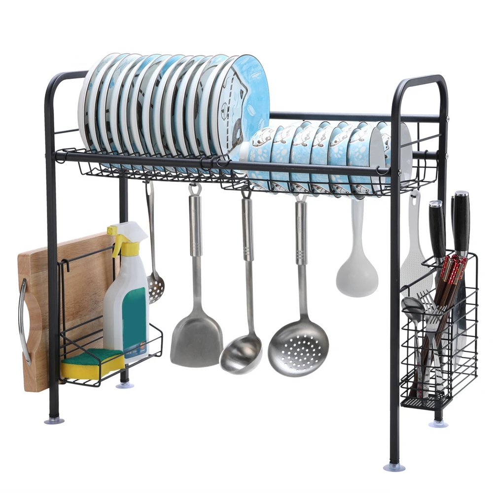 Kitchen Bowl Rack Storage Shelf Stainless Steel Single/Double  Layer 107x28x60CM Black/Silver[US-Stock]