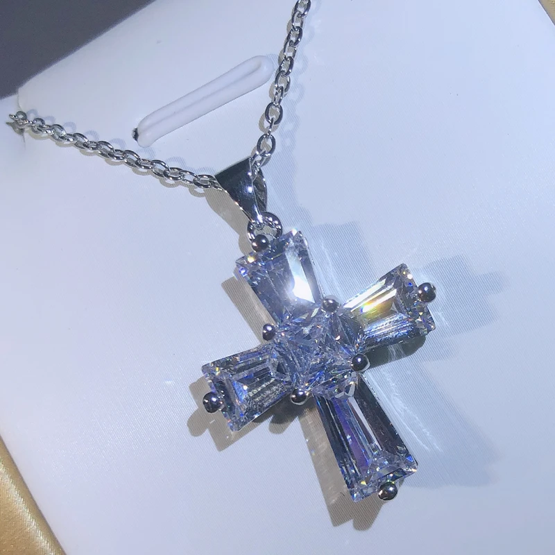 925 Sterling Silver Delicate Dazzling Clear Cubic Zirconia Cross Pendant Necklace For Women Necklace Wedding Luxury Jewelry